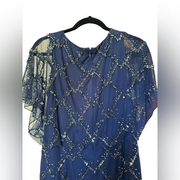 Adrianna Papell HAND-BEADED BLOUSON LONG GOWN WITH FLUTTER SLEEVES IN LIGHT NAVY - Picture 9 of 16